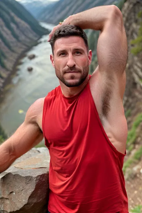 1male, (Pablo Schreiber:1) showing his armpits on a mountain rock wearing a tank top red shirt, river, forest, (hairy armpits:1.25), 4k uhd, dslr, soft light, high quality, Fujifilm XT3 <lora:Pablo Schreiber:0.35@0.35,0.55@0.35,0.55@0.75,0.65@0.75> <lora:Tank Top Stringer Shirt SD15:0.68>