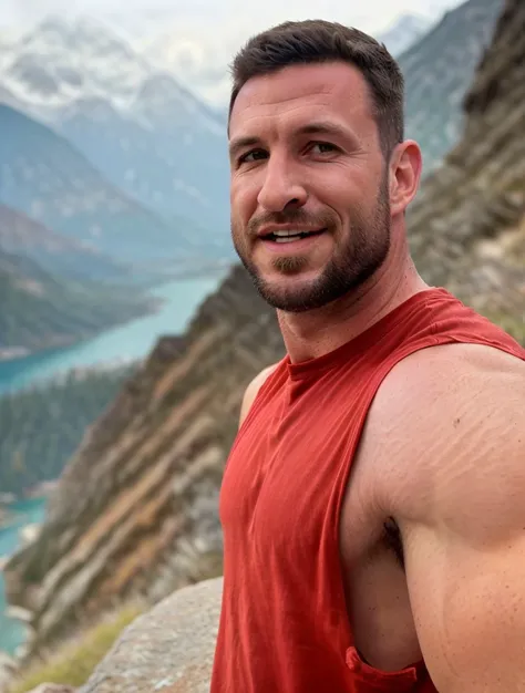1male, (Pablo Schreiber:1) taking a selfie on a mountain rock wearing a tank top red shirt, short grease hair, t-shirt, (tongue out:1.2), natural lighting moonlight, hairy armpits, 4k uhd, dslr, soft light, high quality, Fujifilm XT3 <lora:Pablo Schreiber:0.57> <lora:Tank Top Stringer Shirt SD15:0.68>