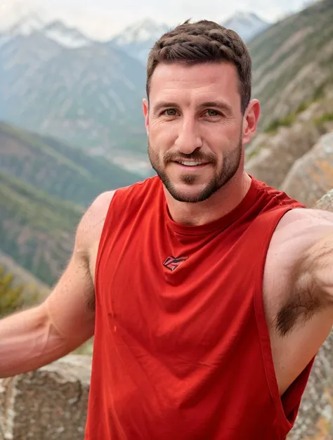 1male, (Pablo Schreiber:1) taking a selfie on a mountain rock wearing a tank top red shirt, short grease hair, t-shirt, (tongue out:1.2), natural lighting moonlight, (hairy armpits:1.25), 4k uhd, dslr, soft light, high quality, Fujifilm XT3 <lora:Pablo Schreiber:0.35@0.35,0.55@0.35,0.55@0.75,0.65@0.75>  <lora:Tank Top Stringer Shirt SD15:0.68>