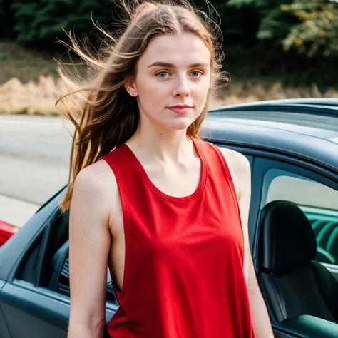 (full body medium shot:1.1) of Irish girl on a car road, wearing a (red:1.1) high crewneck tank shirt, natural lighting, 4k uhd, dslr, soft lighting, high quality, Fujifilm XT3, face, head <lora:Stringer_v5-000029:0.7>