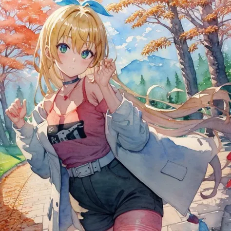 (masterpiece:1.3), (Best Quality:1.3), (Ultra-detailed:1.2), ((kawaii)), Cute, (lovely), ((sexy)), ((Extremely detailed)), 4K, (8K), Best Quality, (Beautiful), Illustration, anime style, painting, flat color, (bold line:1.2), Gradation, full body, (focus on background), //, standing, //, Forest with autumn leaves falling, (submersion), wreckage, Sunlight pours in through the perforated ceiling, //, a cute girl, 1girl, 16yo, (solo:1.2), //, (school swimsuit), high-leg type, jacket, backpack, shoes, //, braids hair style, orange hair color, (beautiful eyes), (dark skin:1.2), //, big breasts, disproportionate breasts, (Perfect eyes:1.2), (Perfect iris:1.2), //, (smile), (laughing), //, light leaks, shiny-glistening, ultra shiny body, gleaming,
