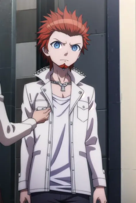 leonkuwata, <lora:leon kuwata s1-lora-nochekaiser:1>,
leon kuwata, short hair, blue eyes, male focus, red hair, facial hair, spiked hair, goatee,
BREAK shirt, jewelry, collarbone, jacket, white shirt, earrings, open clothes, necklace, open jacket, piercing, white jacket, pocket, breast pocket,
BREAK outdoors, classroom,
BREAK looking at viewer, (cowboy shot:1.5),
BREAK <lyco:GoodHands-beta2:1>, (masterpiece:1.2), best quality, high resolution, unity 8k wallpaper, (illustration:0.8), (beautiful detailed eyes:1.6), extremely detailed face, perfect lighting, extremely detailed CG, (perfect hands, perfect anatomy),