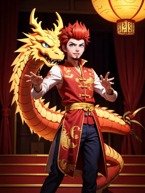 looking at viewer, Amidst the Chinese New Year festivities of the Dragon, a (handsome young man:1.1)( dons traditional attire:1.5). His clothing reveals chiseled muscles and tattoos, with a red shirt featuring golden dragon embroidery and snug, red trousers adorned with fireworks motifs. Completing the look are golden shoes.
he stands against a backdrop of gleaming red and gold lanterns on a stage filled with music and firecrackers. The man's tattoos, depicting dragons and Chinese symbols, underscore his cultural connection. With a radiant smile, he extends blessings for the year ahead, encapsulating the spirit of joy and community celebration. His masculine, youthful, and tender features exude warmth and charm, adding to the festive atmosphere of the occasion,
<lora:GoodHands-beta2:0.8>, dynamic pose,
<lora:leon kuwata s1-lora-nochekaiser:0.75> leon kuwata, short hair, blue eyes, male focus, red hair, facial hair, spiked hair, goatee,, masterpiece, 4k, high quality, highres, absurdres,
