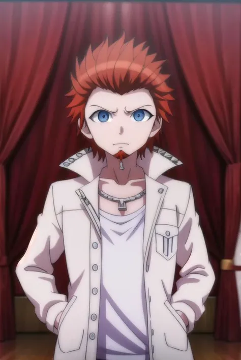 leonkuwata, <lora:leon kuwata s1-lora-nochekaiser:1>,
leon kuwata, short hair, blue eyes, male focus, red hair, facial hair, spiked hair, goatee,
BREAK shirt, jewelry, collarbone, jacket, white shirt, earrings, open clothes, necklace, open jacket, piercing, white jacket, pocket, breast pocket,
BREAK outdoors, classroom,
BREAK looking at viewer, (cowboy shot:1.5),
BREAK <lyco:GoodHands-beta2:1>, (masterpiece:1.2), best quality, high resolution, unity 8k wallpaper, (illustration:0.8), (beautiful detailed eyes:1.6), extremely detailed face, perfect lighting, extremely detailed CG, (perfect hands, perfect anatomy),