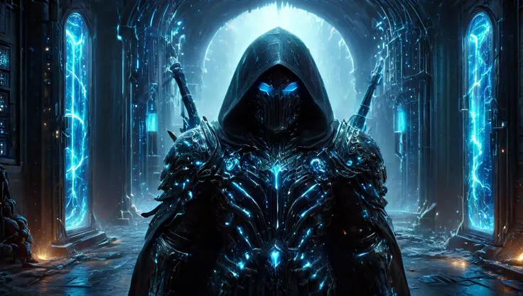 (((Ultra-detailed, Hyper-realistic, 8k, highres, masterpiece))),(full length highly detailed intricate cyborg demonic-skeletal) (hooded cloak),((highly detailed tech body,decaying parts, Intricate exposed wiring, exposed wires,exposed circuitry,electric glow)),((highly detailed cyber-skeletal head,signs of decay,exposed wiring, exposed wires,exposed circuitry,electric glowing eyes)),in a highly detailed Labratory background with Test tubes,holographic screens,covered in pulsing electricity,cyber setting,cinematic,realistic,science fiction,dark colours,background light,<lora:Biol:0.8>,ais-blmn,<lora:XL_Weapon_Battleaxe_-_By_HailoKnight2:0.8>,wielding a battleaxe,<lora:HKStyle:0.8>,HKStyle,<lora:ObsidianCitrine:0.8>, ObsidianCitrine,