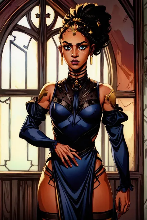 masterpiece, best quality, <lora:add_detail:1>, <lora:GoodHands-beta2:1> <lora:Mel_Medarda-v1:1> mel medarda, dress, fishnets, detached sleeves,hair ornament, cowboy shot,