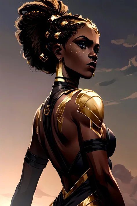 1 woman, beautiful , africa , buzzcut, brown skin 
  fantasy ,  
dark, dim light 
Alex Ross
(masterpiece, best quality:1.3),
