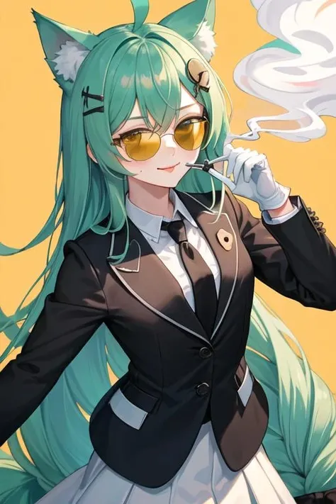 best quality, masterpiece, highres, solo, {black business suit:1.40}, {tie:1.20}, {sunglasses:1.25}, {white gloves:1.15}, {white shirt:1.10}, {black skirt:1.15}, {smoking:1.20}, handsome, {akashi_azurlane:1.15}, animal_ears, cat_ears, green_hair, long_hair, ahoge, hair_between_eyes, yellow_eyes, blush, bell, bow, hair_ornament, bangs, very_long_hair, :3, mole, smile, mole_under_eye