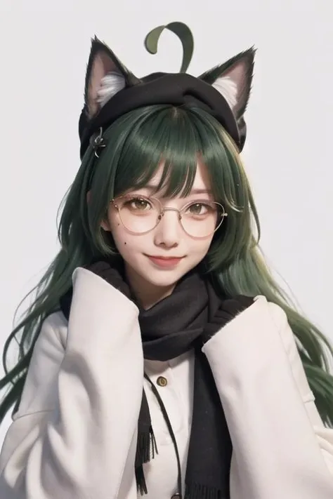 Green hair, cat ear lady, short skirt, medium breasts, sexy, high detail skin: 1.2, glasses lady, low neckline, soft light