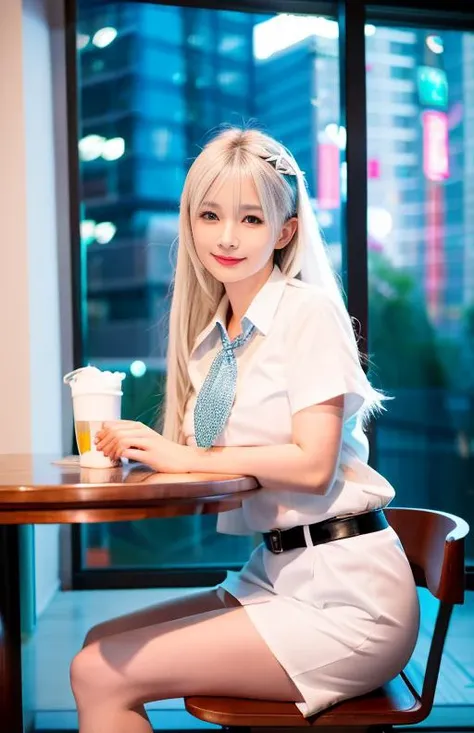 ningning, (8k, best quality, masterpiece:1.2), (realistic, photo-realistic:1.37), ultra-detailed, 1 girl,cute, solo,beautiful detailed sky,detailed cafe,night,sitting,dating,(nose blush), sitting before a table, table with afternoon tea, (smile:1.15),(closed mouth) medium breasts,beautiful detailed eyes,(collared shirt:1.1), daytime, sunshine,business attire, rain,white lace, (long hair:1.4),silver hair NovaFrogStyle, uniform, white skin,cinematic light,sunshine,street light, (av actress: 4), full body image, (tea table:1),(hand bag:1) <lora:ningning_v1:0.8>