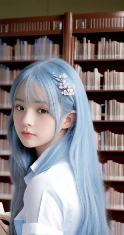 masterpiece, CG, 8k, photo,realistic,a girl, light blue hair, flower hair, messy hair,long hair,library, reading books,(school uniform:1.1), detailed face, beautifully detailed eyes