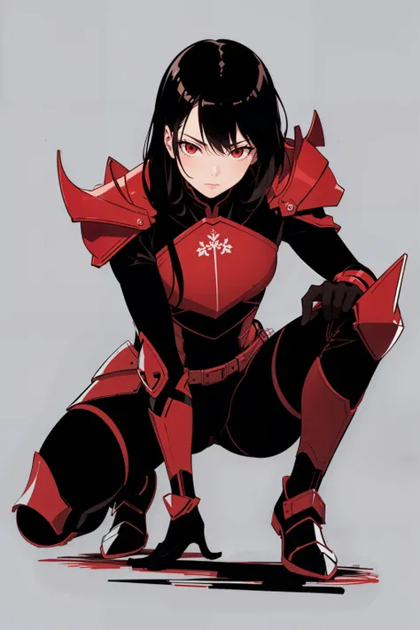 1girl, black_hair, red_eyes, red theme, monochrome, crouching, dress armor, simple_background, red_background, looking awayr, full body, closed mouth, from below,