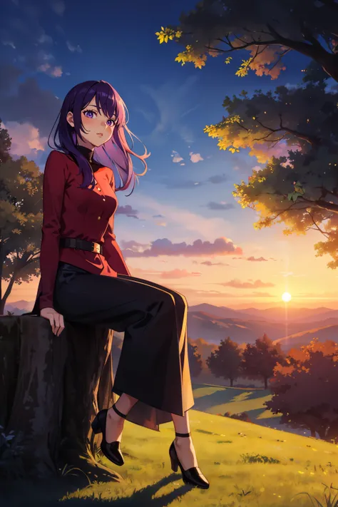 1girl, sitting, hilltop, sitting against a tree, sunset, clouds, burgundy purple hair, purple eyes, plains, one tree, full body, from front,