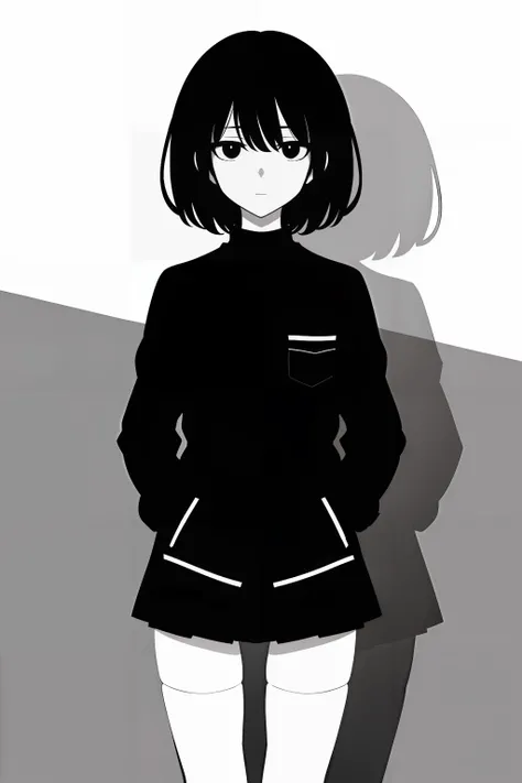 1girl, black hair, black eyes, white skin, monochrome, flat colors, black theme, white background, simple background, standing, facing viewer, looking at viewer, hands in pocket, black skirt, black_thighhighs, black shirt, black and white, empty eyes, shadow, standing, simple, best quality, <lora:anime_minimalist_v1-000020:0.5> anime minimalist