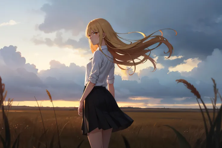 1girl, standing, grass field, cloudy, from back, looking at viewer, blonde hair, orange eyes, long shot, from far, shirt, collared shirt, white shirt, black skirt, skirt, long hair, sad look, grey weather, wind,