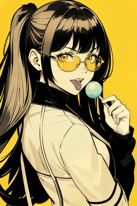 1girl, black hair, yellow sunglasses, from back monochrome, flat colors, yellow background, simple background, looking at viewer, smirk, tongue, open mouth, holding pop
