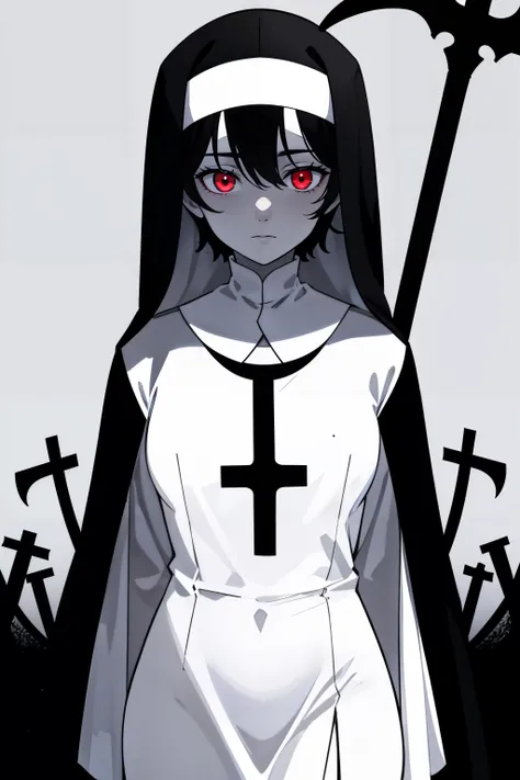 1girl, nun, scythe, dark_background, red_eyes, looking down, glowing eyes, closed_mouth, black_hair, back_gown, creepy, pale-skin, half-open-eyes:1.3, chirch, cold-colors,