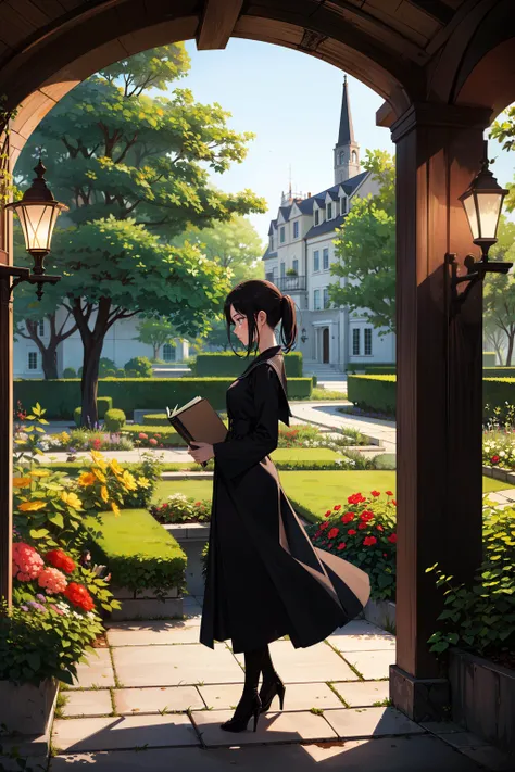 1girl, solo, student, black_dress, gown, from side, walking, holding books, garden, fantasy, beautiful lighting, outisde, yard