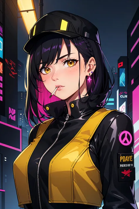 1girl,solo,colorful,yellow eyes,cyberpunk,city,peace sign,earrings,purple hair,eye patche,freckles,prothesis,mechanic,neon,beautiful lighting,purple reflection,cap,smoking,character focus,cg illustration,bust shot,yellow and black outfit,black hair,
