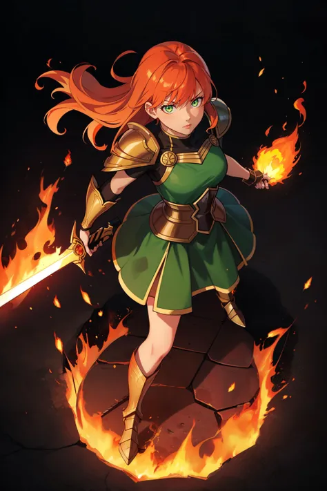 orange_background, simple_background, full body, 1girl, solo, armor, combat stance, orange hair, green_eyes, simple_background, hold a sword, sword, fighter, armor_dress, green_dress, black_dress, from above, surrounded by fire, fire aura, glowing eyes, ember, particles, fire tornado, crater