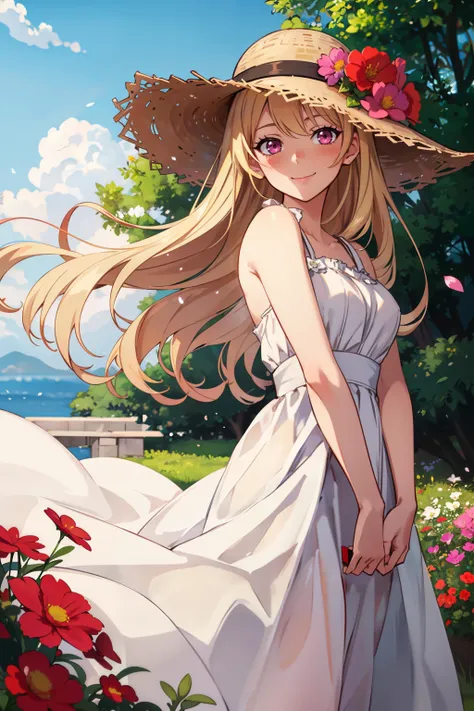 masterpiece, 1girl, blonde hair, pink eyes, wind, outside, strawhat, flowers, white dress, looking at viewer, smiling, blushing, happy, closed mouth