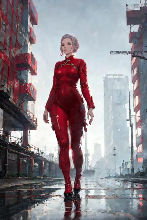 A woman wearing red white futuristic high-tech cheongsam, complex construction,
cat walking,
well lit industrial ruins, puddles, reflections,
reflections, fog, warm palette, wide focus,
[[Tilda Swinton | Jennifer Lawrence]:6],
style of Chris Cold