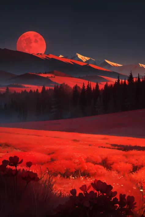 montains, plains, red_moon, red theme, monochrome, landscape, red flowers, red grass,