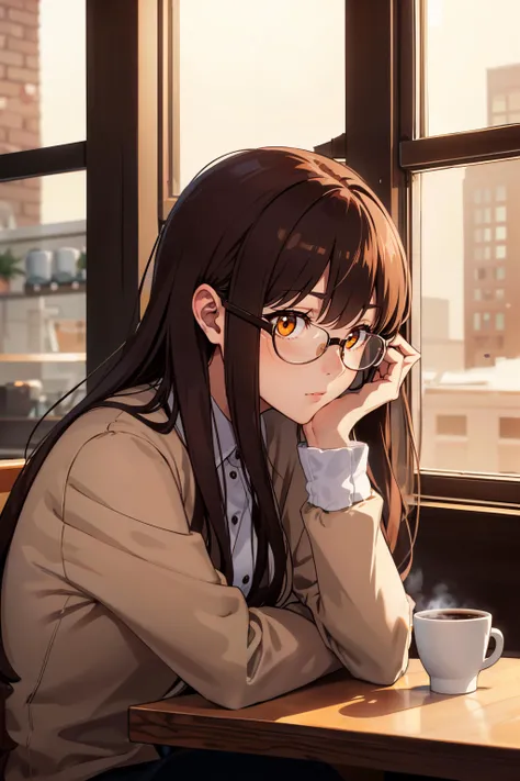 1girl, coffee cup, coffee shop, sitting, from front, brown hair, orange eyes, glasses, window, looking at the window, long hair, bangs, head rest, thinking,