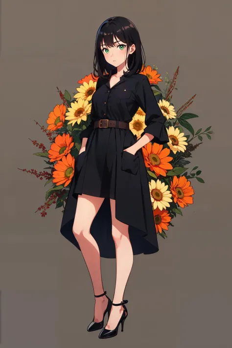 1girl, black dress, brown belt, black hair, medium hair, bangs, green eyes, full body, hands in pocket, black heels, simple background orange background, black flowers, black grass