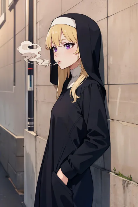 1girl, blonde hair, bangs, nun, cigarette, purple eyes, long hair, hand in pocket, leaning against a wall, tagged wall, colorful wall, long shot, smoking,