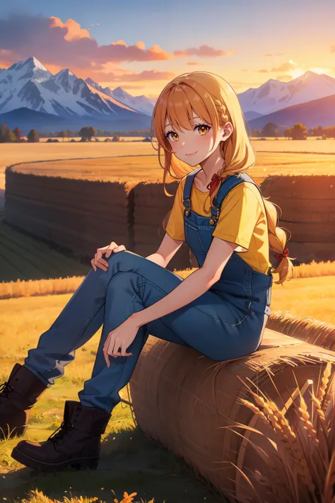 1girl, farm, overalls, blue overalls, checkered shirt, yellow shirt, hay, haystack, sitting on a haystack, wheat field, sunset, mountains, snowy mountains far away, orange-yellow hair, brown eyes, red ribbon in hair, long hair, braided hair, smiling