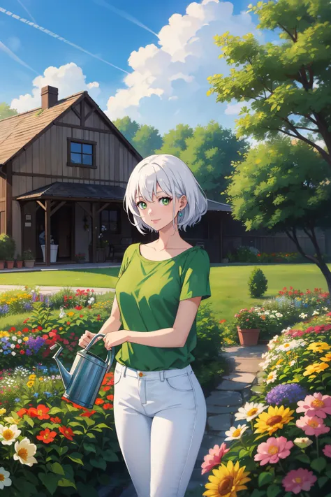 1girl,white hair,green eyes,medium hair,confident smile,standing,wearing,green shirt,white jean,jewelry, outdoors, garden, holding watering can, watering the flowers, flowers, white fences, house, countryside, sunny, clouds, blue sky, sunbeam