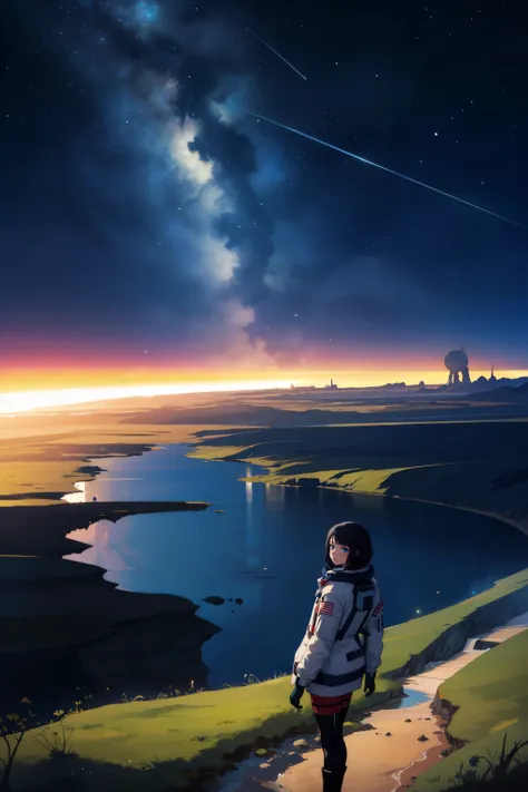 1girl, astronaut, alien planet, alien vegetation, nebula, stars, night, comet, planets, rivers, landscape, grass, plains, boreal wave, particles, sun, spatial ship, futuristic, fantasy, looking at viewer, black hair, blue eyes,