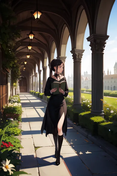 1girl, solo, student, black_dress, gown, from side, walking, holding books, garden, fantasy, beautiful lighting, outisde, yard