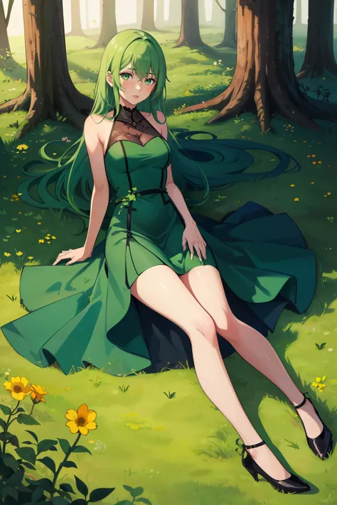 1girl, trees, nature, flowers, green hair, green eyes, liana, root, ivy, fruits, lying, green dress, black heels, grass, forest,
