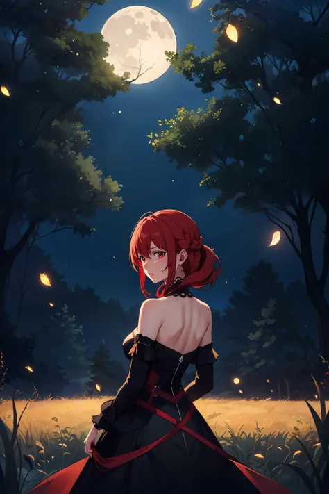 1girl, red grass field, night, moonlight, one tree, red hair, red eyes, from back, looking at viewer, fireflies, particles, fantasy, masterpiece,