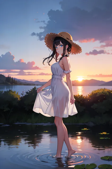 1girl, from side, standing in water, black hair, blue eyes, looking at viewer, full body, white dress, strawhat, red lotus, sunrise, white clouds,