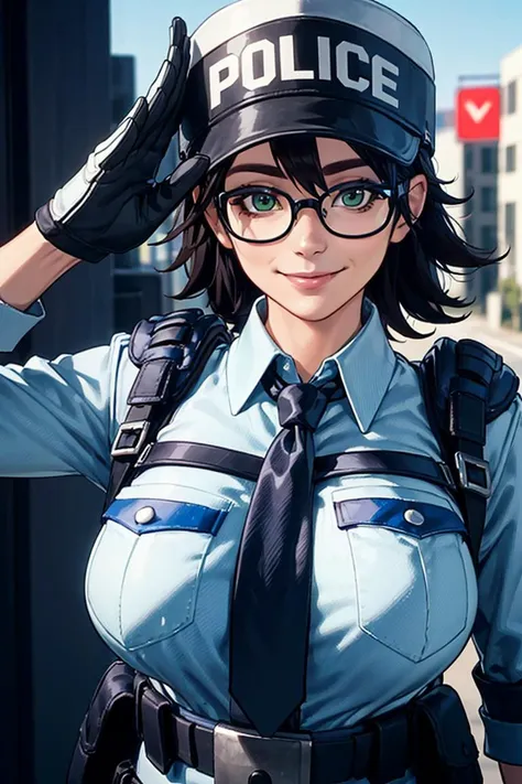 portrait, smiling at viewer, 
mariewentz, black-framed eyewear, green eyes, police hat, breast pocket, clothes writing, necktie, police uniform, policewoman, saluting the viewer,
glistening skin, realistic,
outdoors, bustling city, neo-tech city, rich colors,
depth of field, blurred background,
<lora:mariewentz:0.55>