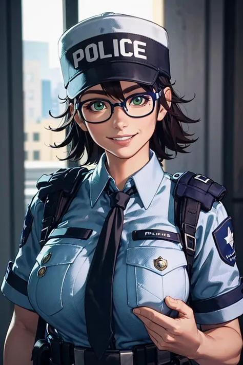 close up portrait, smiling at viewer, teeth, 
mariewentz, black-framed eyewear, green eyes, police hat, breast pocket, clothes writing, necktie, police uniform, policewoman,
glistening skin, realistic,
indoors, police headquarters, rich colors,
depth of field, blurred background,
<lora:mariewentz:0.55>