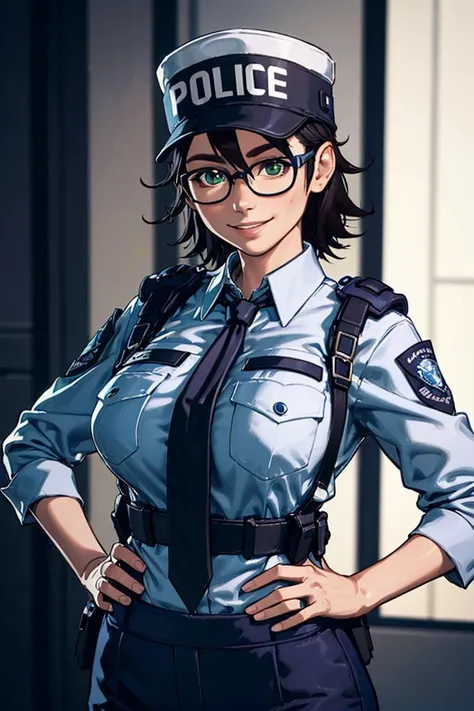 upperbody, portrait, smiling at viewer, teeth,
mariewentz, black-framed eyewear, green eyes, police hat, breast pocket, clothes writing, necktie, police uniform, policewoman, hand on hip, 
glistening skin, realistic,
indoors, police headquarters, rich colors,
depth of field, blurred background,
<lora:mariewentz:0.55>