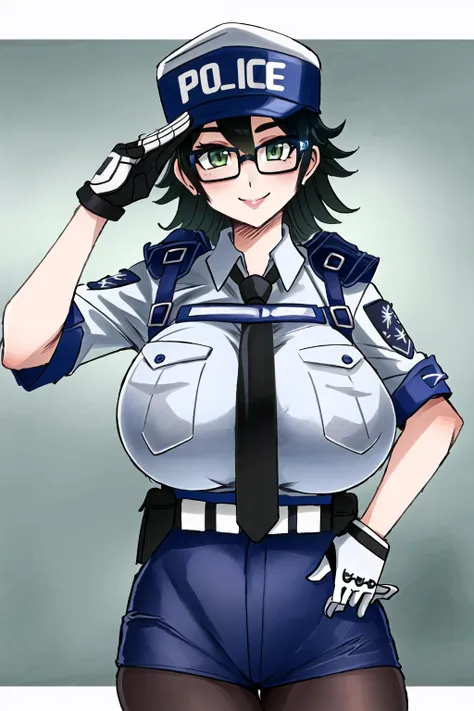 <lora:mariewentz:0.8>, black-framed eyewear, green eyes, breast pocket, clothes writing, necktie, police hat, police uniform, policewoman, shorts, pantyhose,, (Masterpiece, Best Quality, Highres:1.2), Detailed, Intricate Details, 4K, 1girl, solo, portrait, high rating, huge breasts, smile