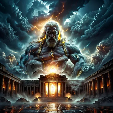 high quality, masterpiece, roman temple enveloped by dark clouds and lightning, angry looking Zeus looking at viewer, white flowing hair, merging, elaborate fantasy style art, intricate details, ultra sharp, exquisite detail, flawless composition, vivid colors  <lora:Double Exposure XL:1> double exposure <lora:Aura_r1:0.8> auralora, fire, sparks, electricity, glowing <lora:Sinister_Style_SDXL:0.8> ais-sinisterz