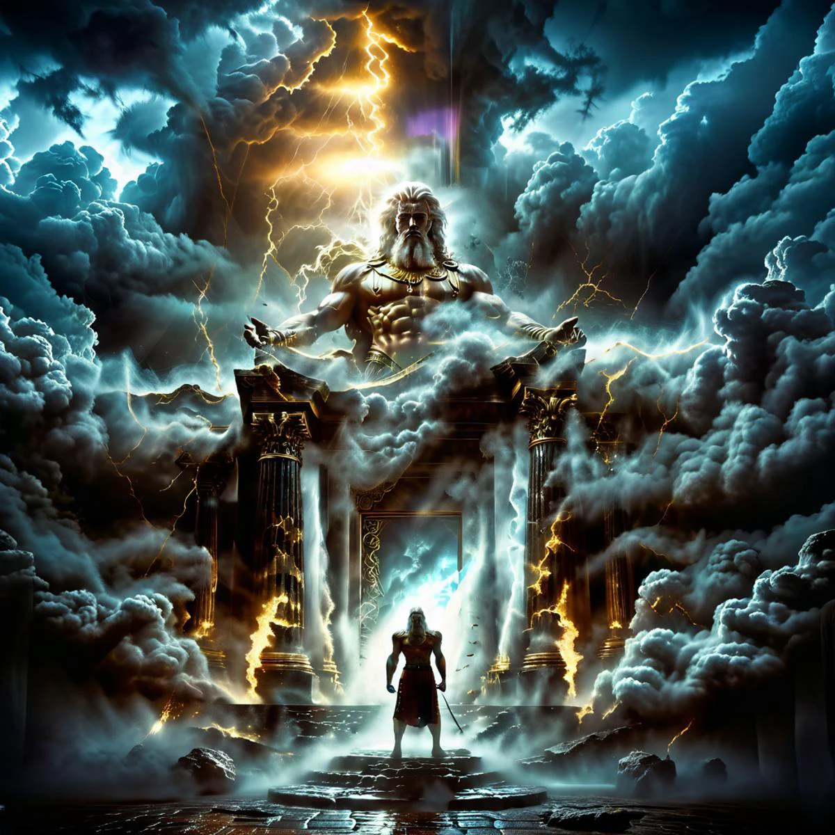 high quality, masterpiece, roman temple enveloped by dark clouds and lightning, angry looking Zeus looking at viewer, white flowing hair, merging, elaborate fantasy style art, intricate details, ultra sharp, exquisite detail, flawless composition, vivid colors <lora:Double Exposure XL:1> double exposure <lora:Aura_r1:0.8> auralora, fire, sparks, electricity, glowing <lora:Sinister_Style_SDXL:0.8> ais-sinisterz