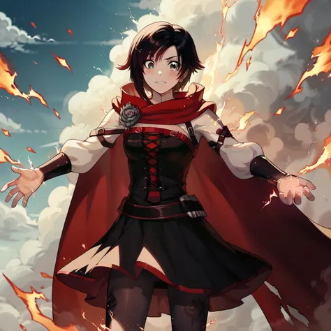 <lora:ruby-rose-ponyxl-lora-nochekaiser:1>,ruby rose,short hair,black hair,red hair,grey eyes,dress,pantyhose,cape,corset,belt,RWBY,
<lora:Aura_r1:0.8>,auralora,electricity,colorful,glowing,
hyper-realistic,highest quality,masterpiece,immaculate,gorgeous,cute,stunningly beautiful,perfect anatomy,action,
score_9,score_8_up,score_7_up,
in a destroyed city,cloud Sky,dark,
fire,sparks,colorful,electricity,glowing,