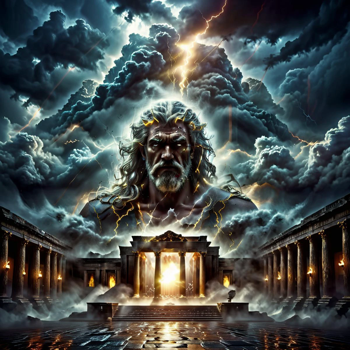 high quality, masterpiece, roman temple enveloped by dark clouds and lightning, angry looking Zeus looking at viewer, white flowing hair, merging, elaborate fantasy style art, intricate details, ultra sharp, exquisite detail, flawless composition, vivid colors <lora:Double Exposure XL:1> double exposure <lora:Aura_r1:0.8> auralora, fire, sparks, electricity, glowing <lora:Sinister_Style_SDXL:0.8> ais-sinisterz