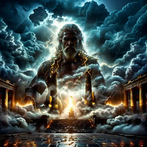 high quality, masterpiece, roman temple enveloped by dark clouds and lightning, angry looking Zeus looking at viewer, white flowing hair, merging, elaborate fantasy style art, intricate details, ultra sharp, exquisite detail, flawless composition, vivid colors  <lora:Double Exposure XL:1> double exposure <lora:Aura_r1:0.8> auralora, fire, sparks, electricity, glowing <lora:Sinister_Style_SDXL:0.8> ais-sinisterz