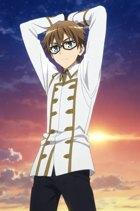 score_9, score_8_up, score_7_up, source_anime, rating_safe, intricate details, anime screencap, , , looking at viewer, depth of field, 1boy, solo, male focus, <lora:caules_forvedge_yggdmillennia_pony:0.82>, caules_forvedge_yggdmillennia, brown hair, blue eyes, glasses, black-framed eyewear, from afar, full body, space, planets, day, clouds, arms above head, light smile, , <lora:sdxl_lightning_8step_lora:1>
