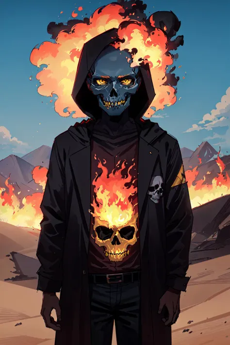 1boy, hooded, long robe, black skin, skull head, fiery skull, skull on fire, yellow eyes, in a desert, blue sky, (best quality), ((masterpiece)), (detailed), <lora:ratatatat74-000070:0.6> ratatatat74