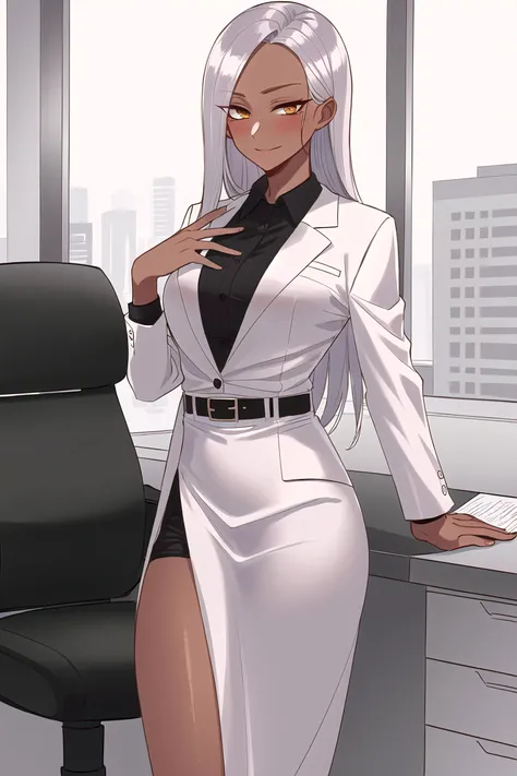 <lora:ratatatat74StyleLora_ratatatat7470:0.5>, painting (by ratatatat74:1.25), 1girl, solo, (dark skin:1.31), silver hair, office suit, strict