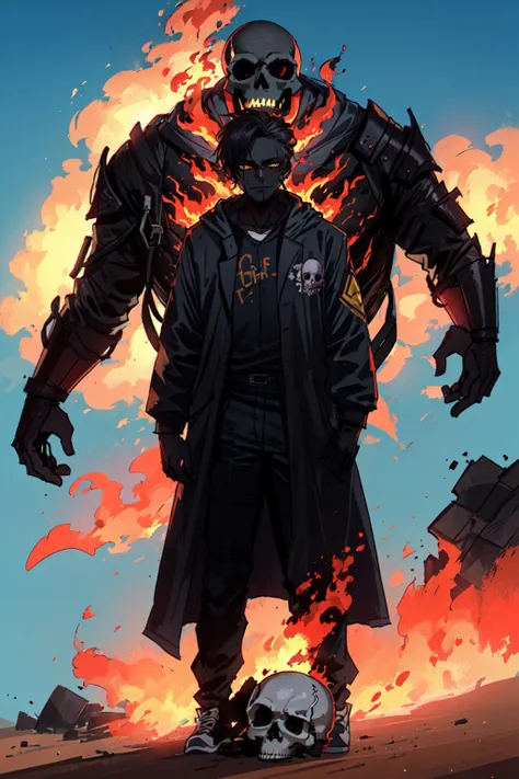 1boy, hooded, long robe, black skin, skull head, fiery skull, skull on fire, yellow eyes, in a desert, blue sky, (best quality), ((masterpiece)), (detailed), <lora:ratatatat74-000070:0.6> ratatatat74